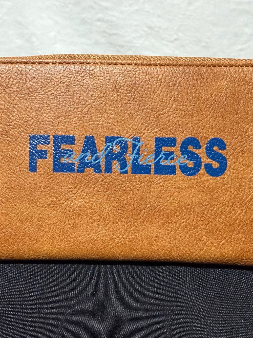 thirty-one caramel distressed Wallet with Blue "FEARLESS" Print